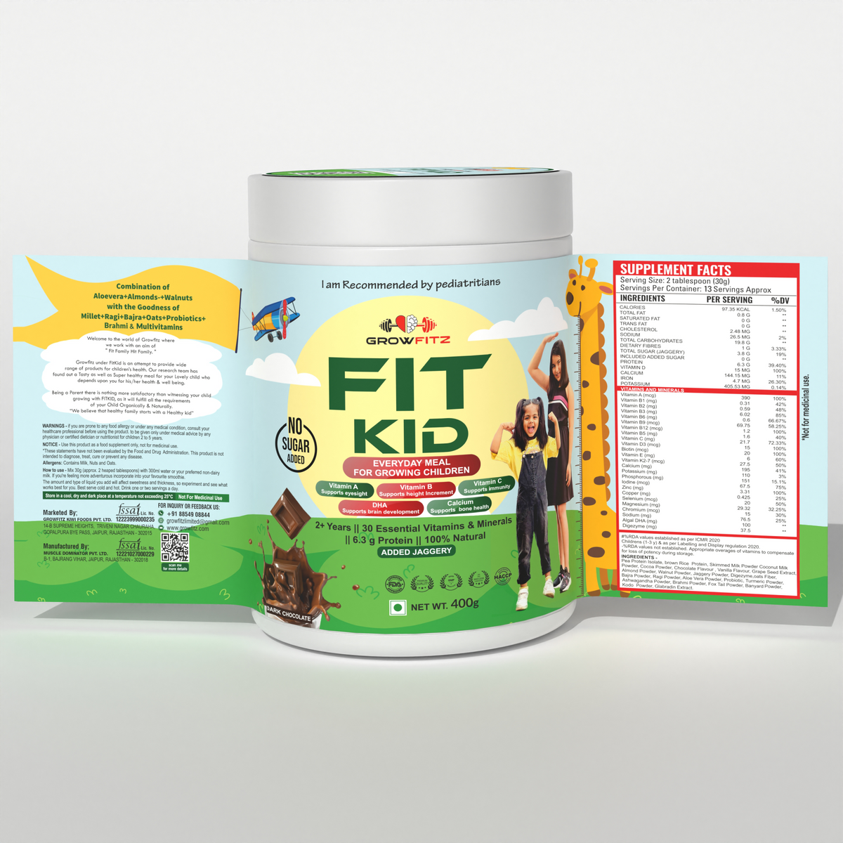 FitKid Chocolate Nutrition Shake for Kids 400g | Natural & Pediatrician-Backed | Growfitz