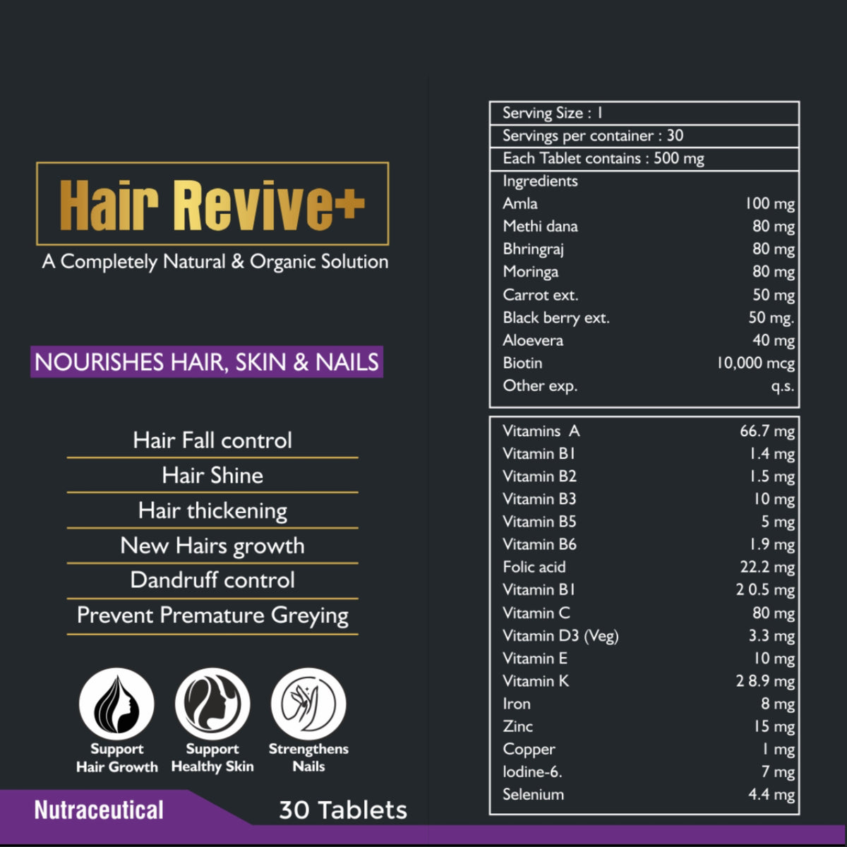 Hair Revive + | Natural Solution for Hairs | 30 Tablets
