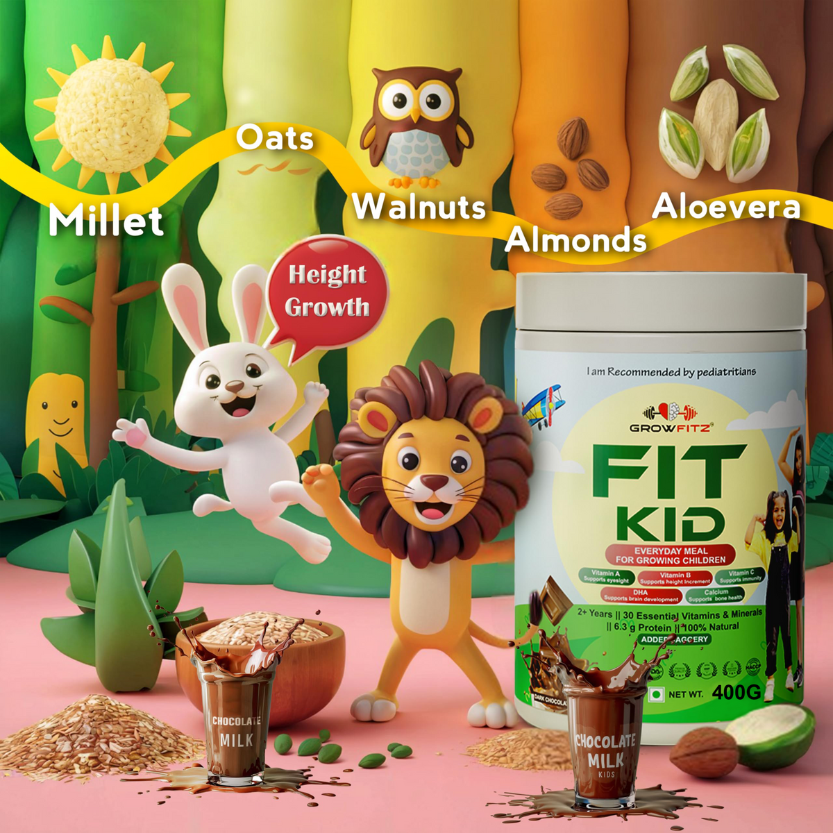 FitKid Chocolate Nutrition Shake for Kids 400g | Natural & Pediatrician-Backed | Growfitz