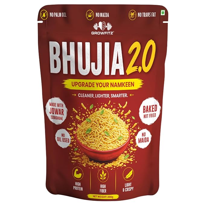 Growfitz Baked Jowar Bhujia 2.0, 200g | Healthy Crispy Namkeen Snack | 10g Protein & High Fibre | Made with Sorghum | No Maida, No Palm Oil, No Trans Fat or No Cholesterol