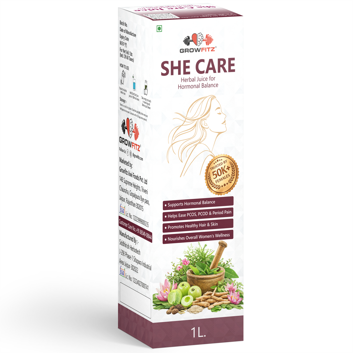 Growfitz She Care Herbal Juice 1000ml | Advanced Ayurvedic Formula for PCOS/PCOD, Hormonal Balance & Period Health | With Shatavari, Ashok Chaal, Amla & Giloy | No Added Sugar