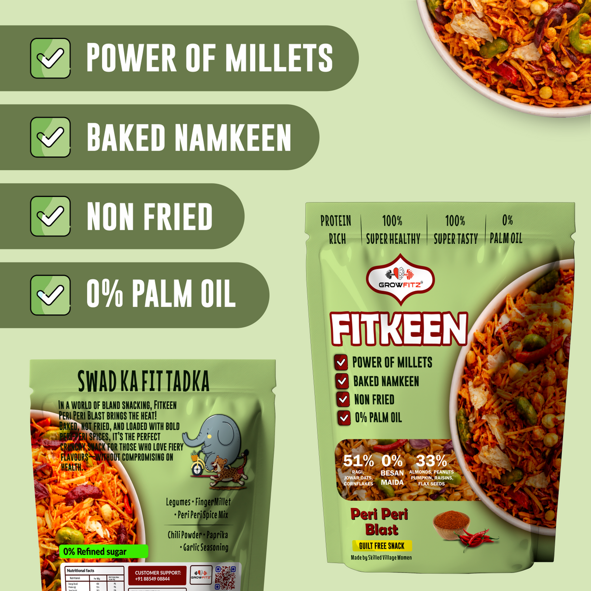 Baked Namkeen Mixture 200g | Peri Peri Spice Flavor | Non-Fried Millet Snack | 0% Palm Oil | 12.4g Protein | Healthy, Tasty & Guilt-Free Namkeen