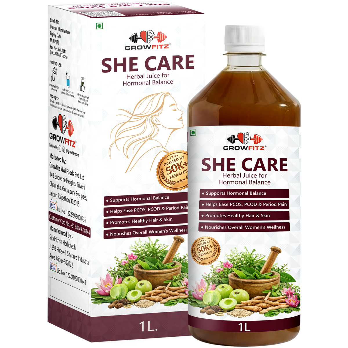Growfitz She Care Herbal Juice 1000ml | Advanced Ayurvedic Formula for PCOS/PCOD, Hormonal Balance & Period Health | With Shatavari, Ashok Chaal, Amla & Giloy | No Added Sugar