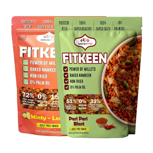 Growfitz Healthy Baked Namkeen | Minty Lamoni & Peri Peri Spicy Namkeen Combo 200g Each | Millet Snack | Non-Fried | High Protein (12.4g) | No Palm Oil, No Maida | Tasty, Crunchy & Guilt-Free
