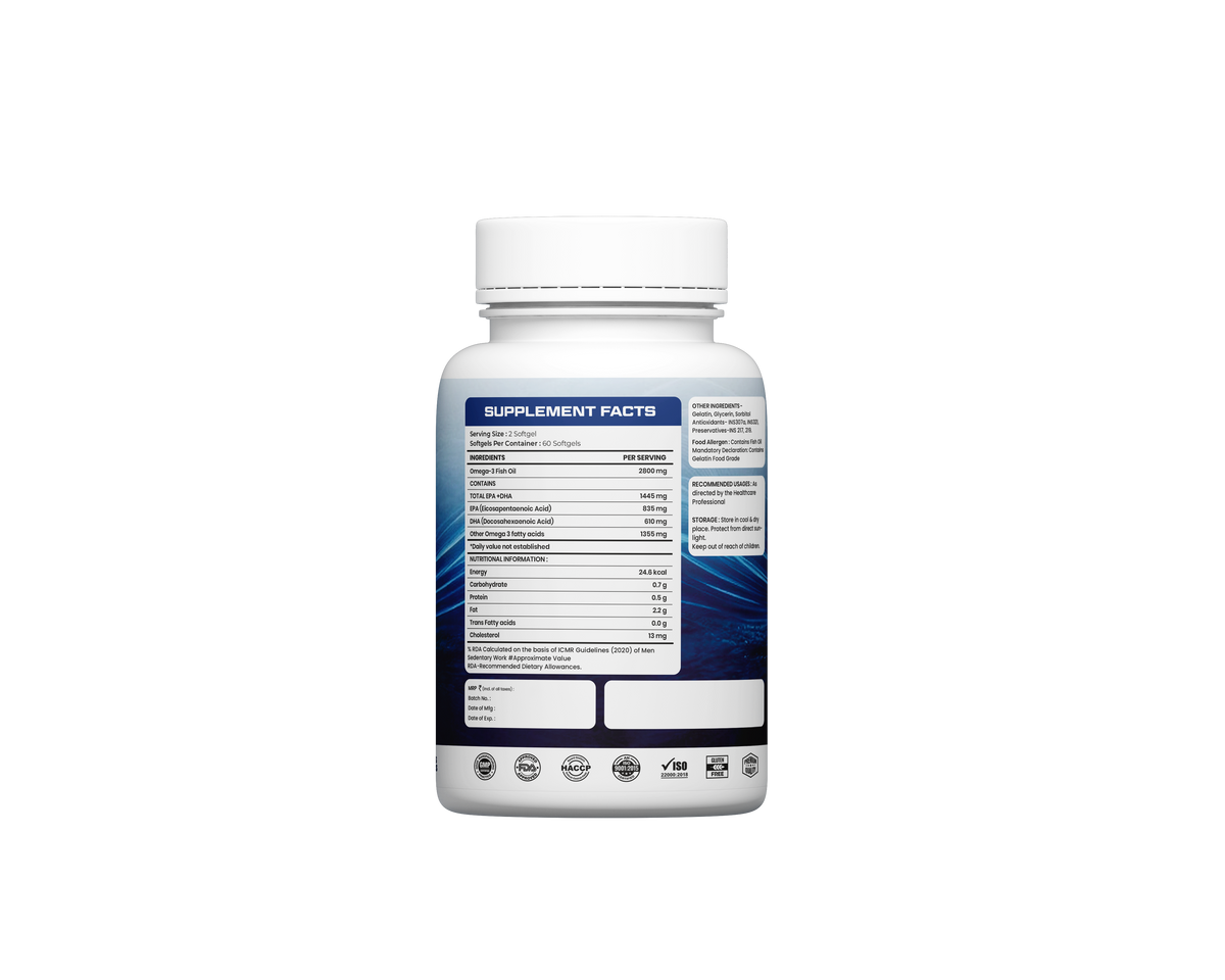 Omega 3 Fish Oil Capsules 2800mg | Fish Oil Omega 3 Supplement To Support Overall Health & Skin With Added Aloevera, Vitamin D3, Vitamin E For Men & Women - 60 Tablets