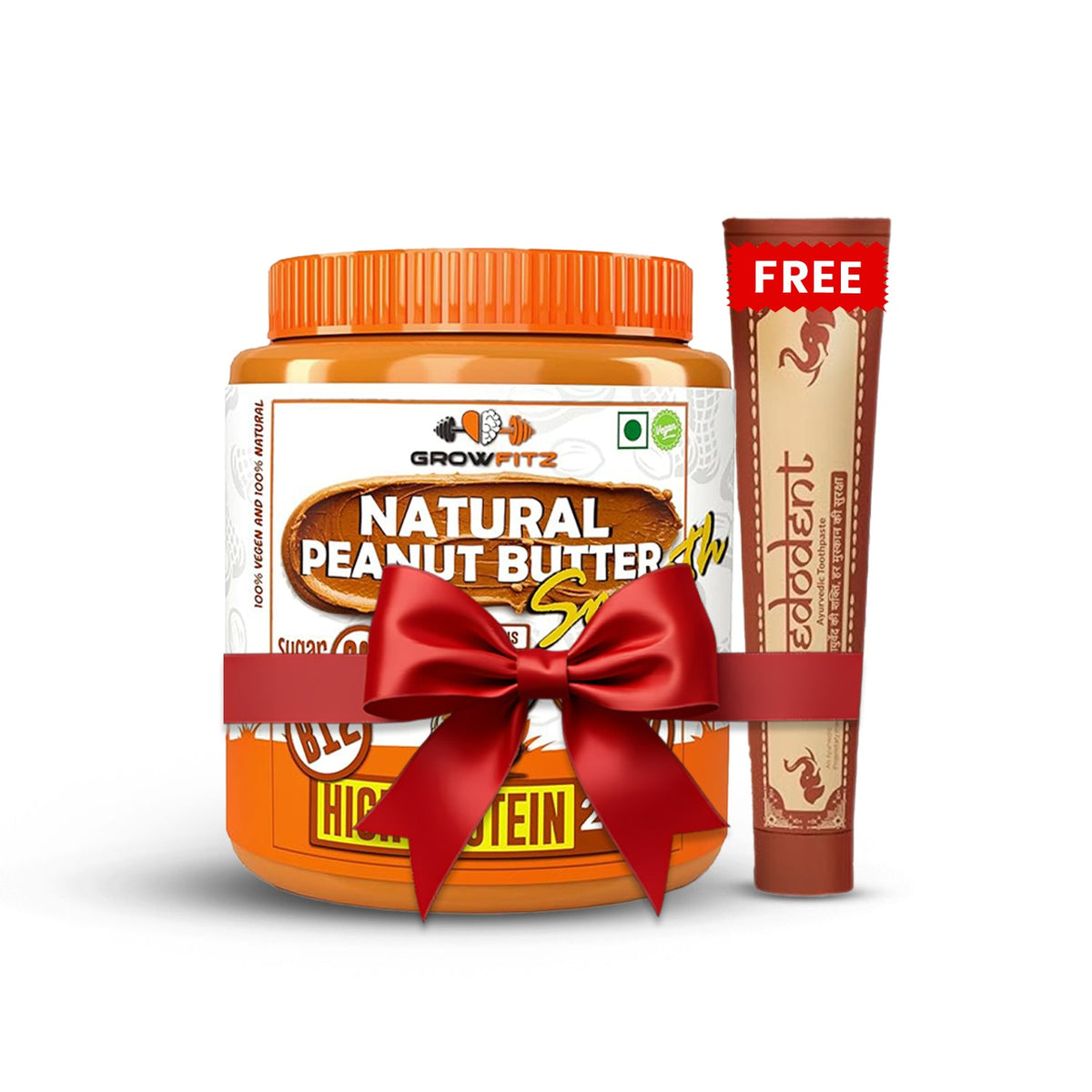 Growfitz Buy 1 Get 1 - Peanut Butter Smooth 800g Combo Pack | Free Natural Vedodent Ayurvedic Toothpaste